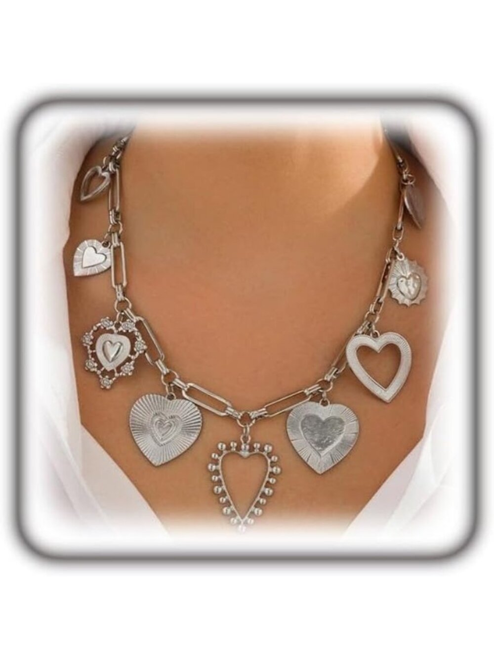 Women's Charm Silver Chunky Gold Heart Necklace Puffy Heart Statement Chain